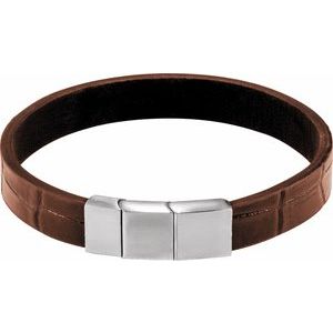 Stainless Steel 8.5 In 11 Mm Leather Cord Bracelet With Brushed Stainless Steel Clasp
