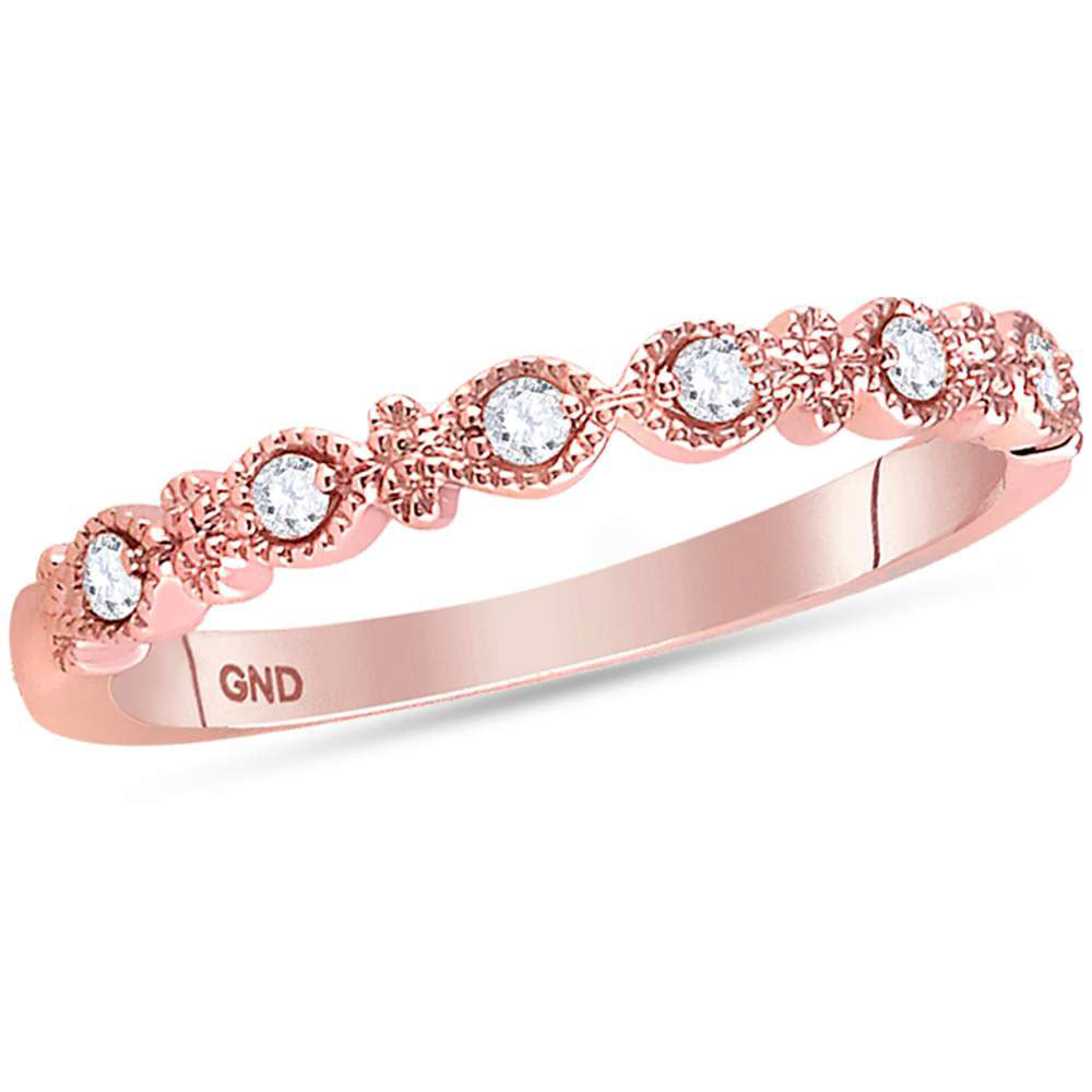 14K Rose Gold Womens Round Diamond Milgrain Stackable Band Ring 1/10 Cttw, Womens Size: 5-10