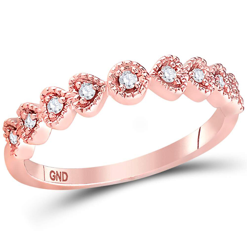 14K Rose Gold Womens Round Diamond Heart Stackable Band Ring 1/10 Cttw, Womens Size: 5-10