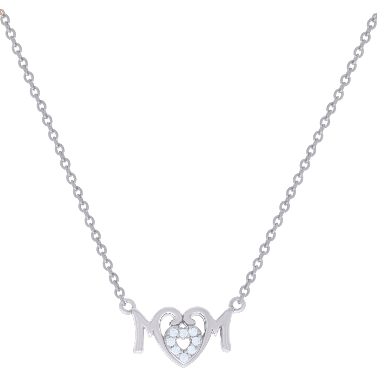 Sterling Silver Womens Cubic-Zirconia Heart Mom Necklace