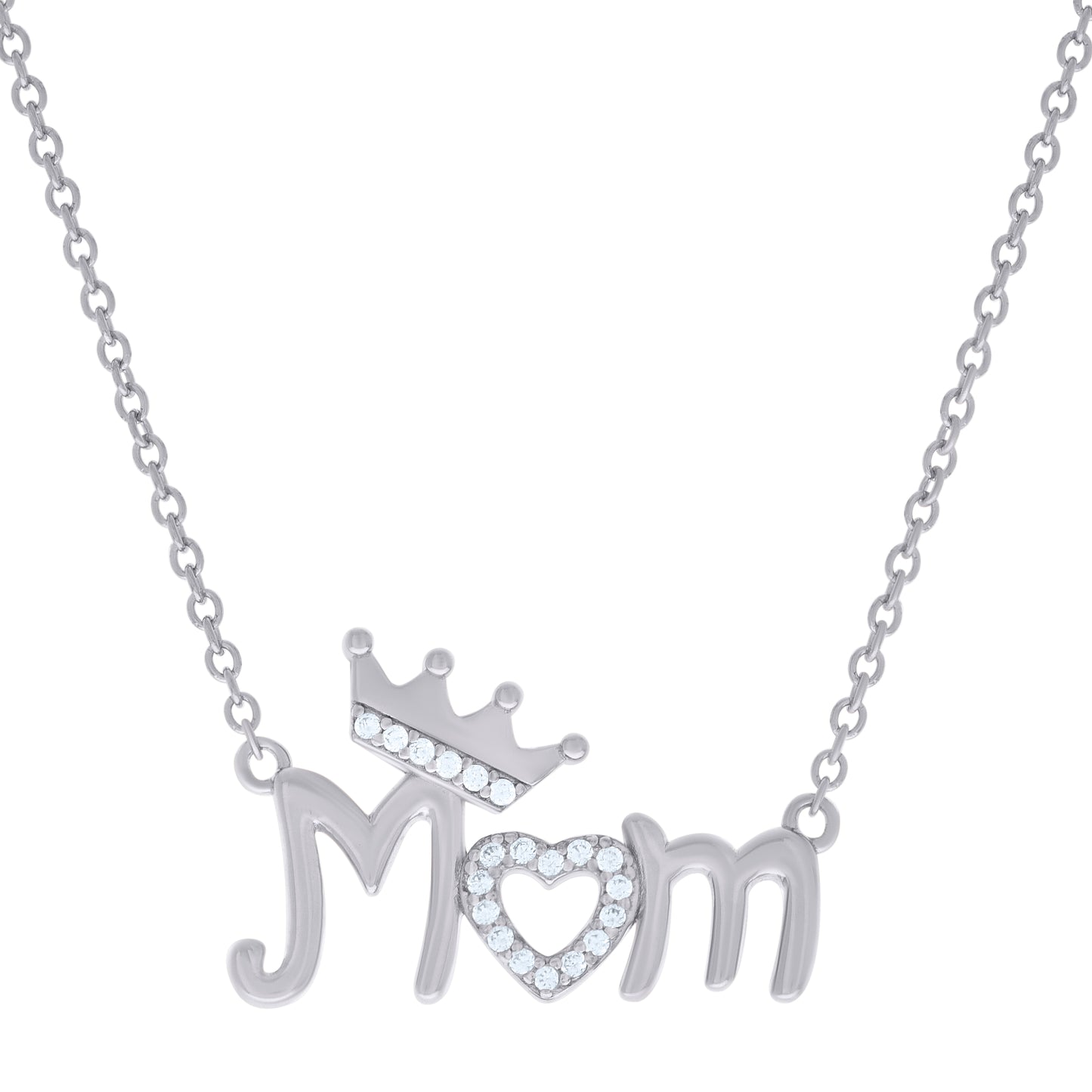 Sterling Silver Womens Cubic-Zirconia Tiara Heart Mom Necklace