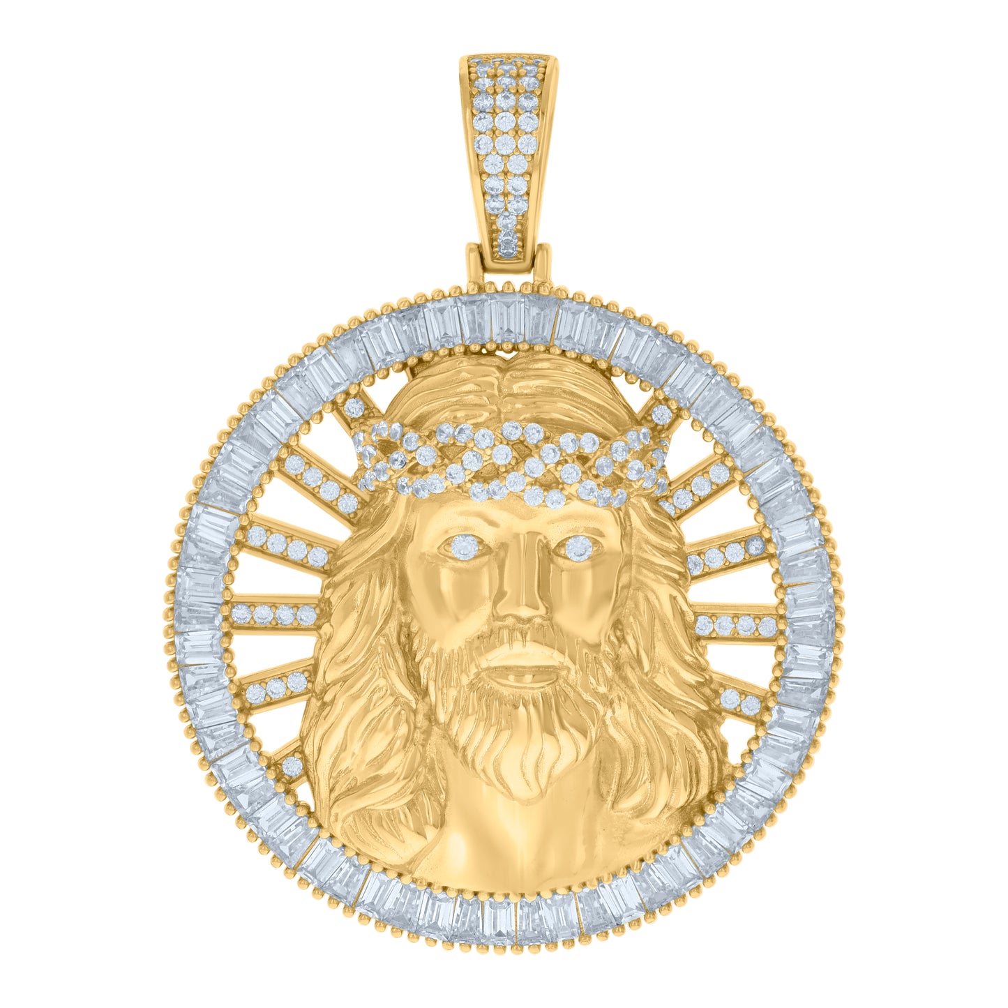 Sterling Silver Mens Baguette Round Cubic-Zirconia Medallion Jesus Religious Charm Pendant