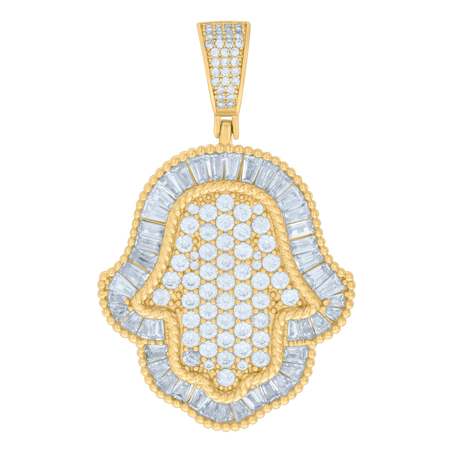 Sterling Silver Mens Baguette Round Cubic-Zirconia Hamsa Symbol Religious Charm Pendant