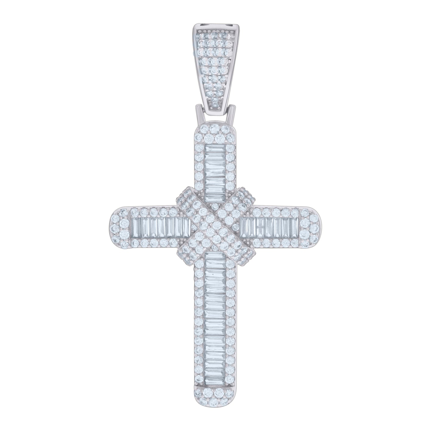 Sterling Silver Mens Baguette Round Cubic-Zirconia Cross Religious Charm Pendant