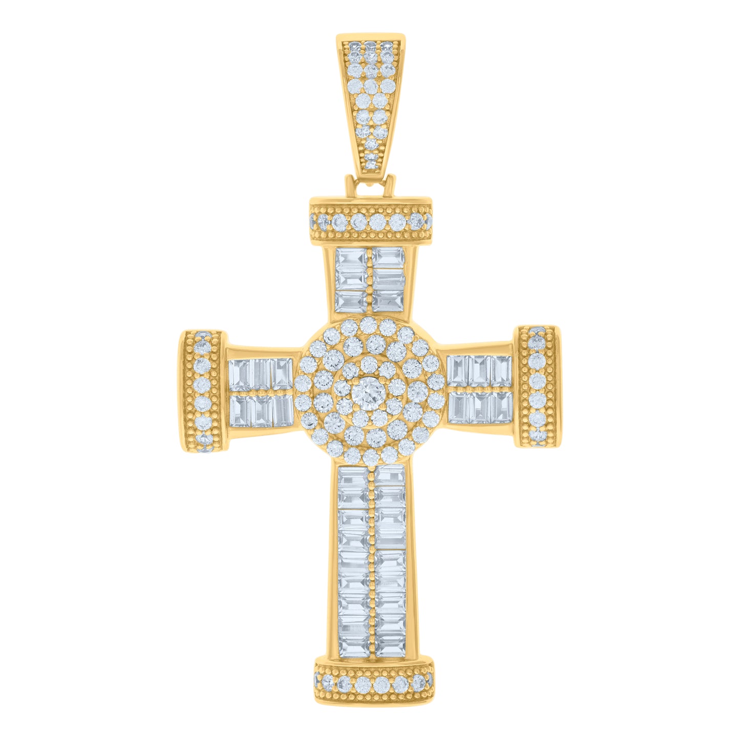 Sterling Silver Mens Baguette Round Cubic-Zirconia Cross Religious Charm Pendant