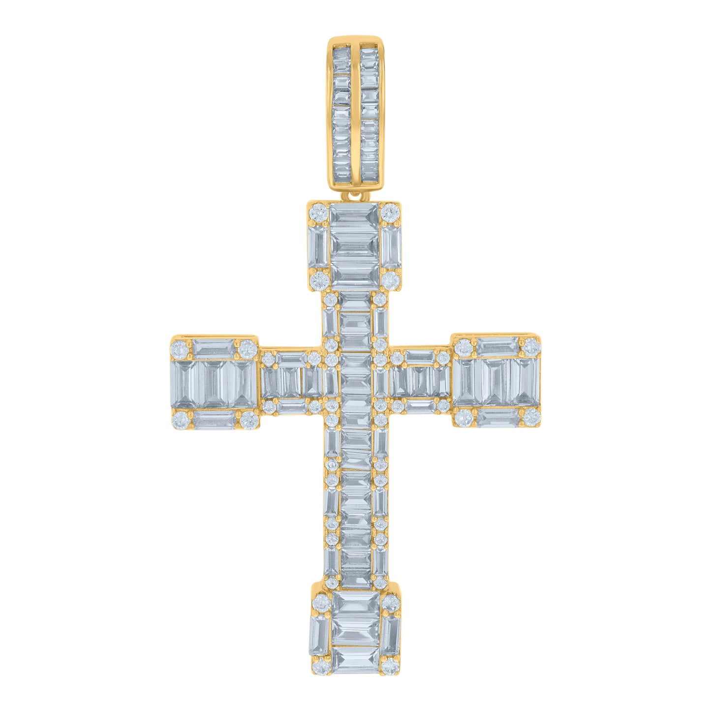Sterling Silver Mens Baguette Round Cubic-Zirconia Cross Religious Charm Pendant