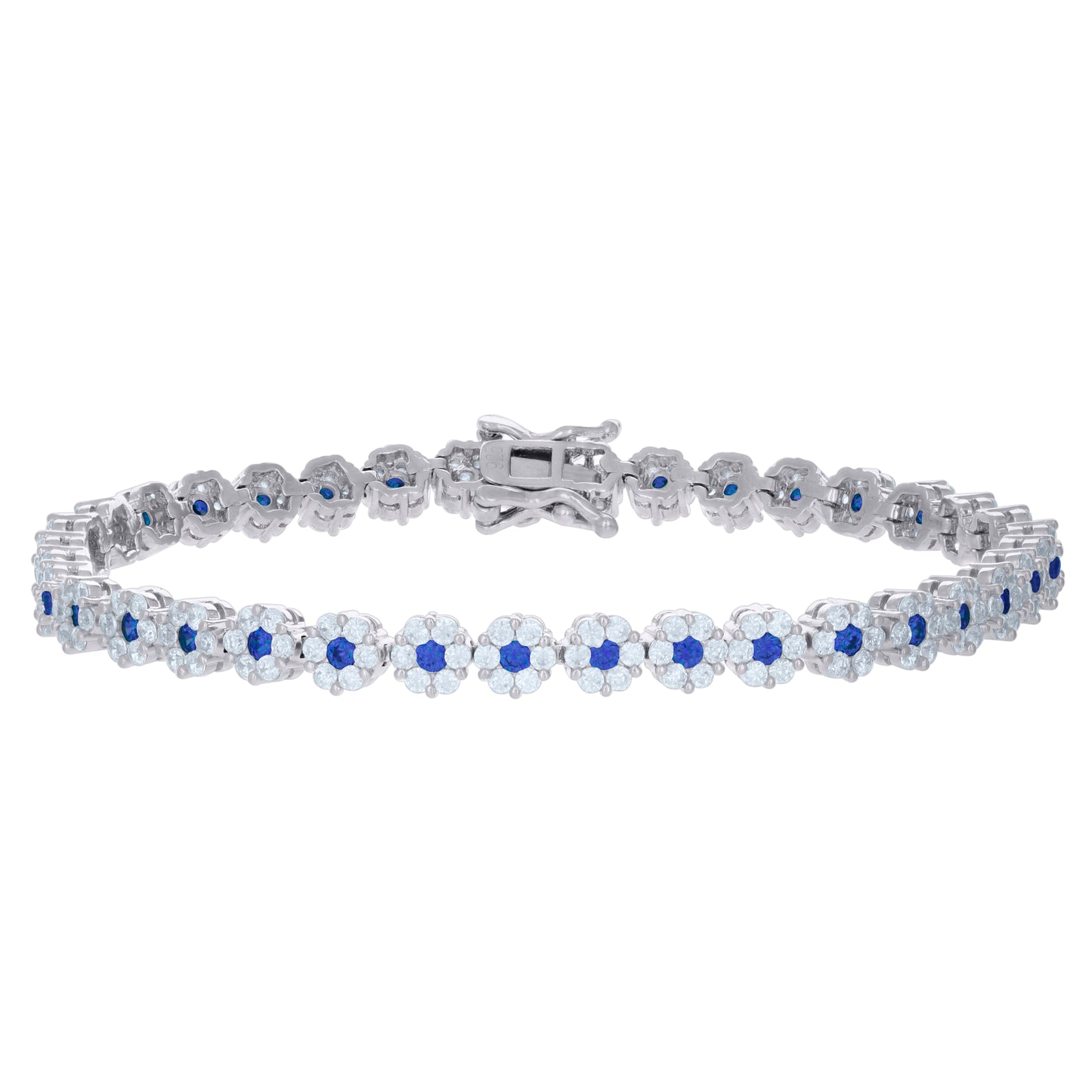 Sterling Silver Womens Cubic-Zirconia Flower Link Fashion Bracelet Size 7 Inches