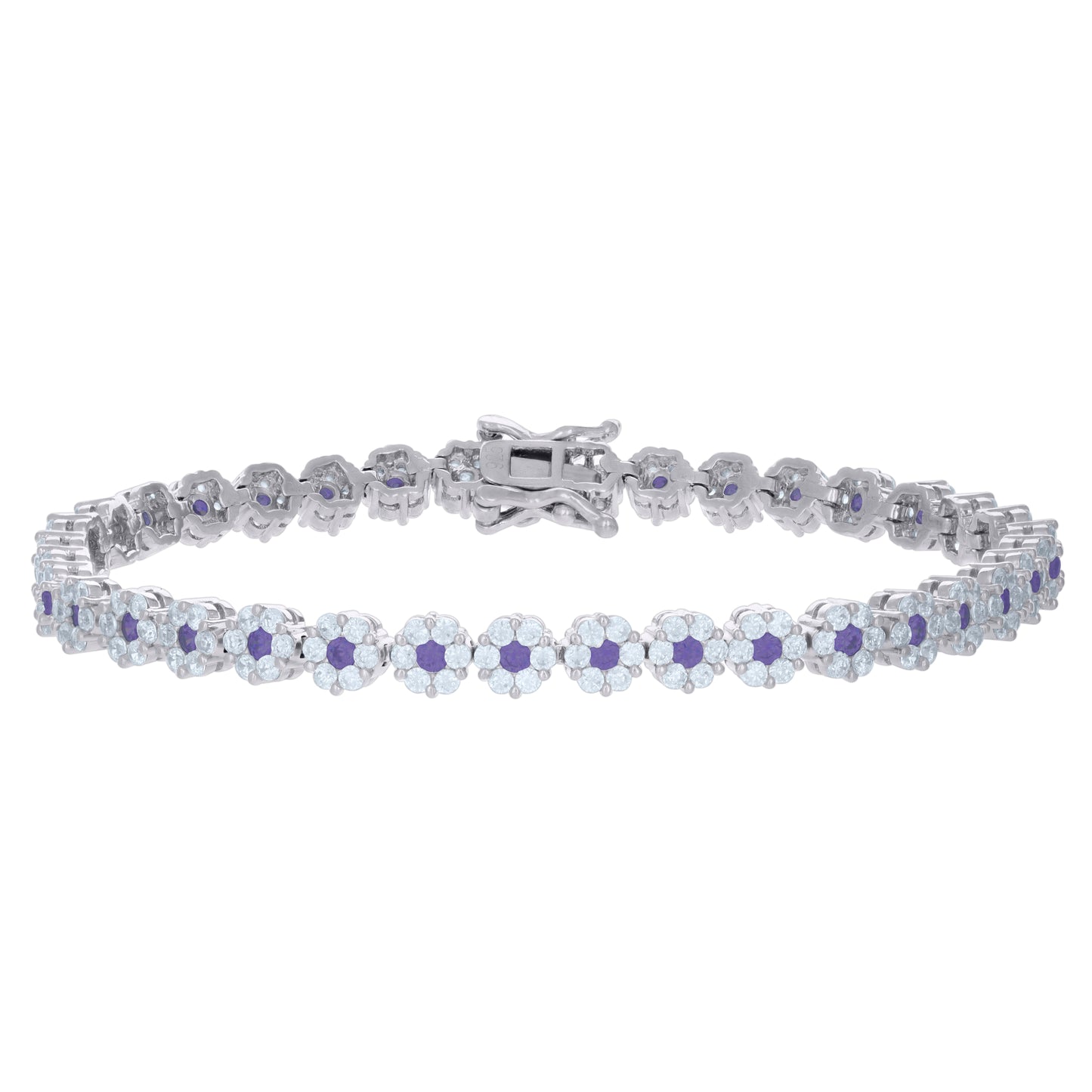 Sterling Silver Womens Cubic-Zirconia Flower Link Fashion Bracelet Size 7 Inches