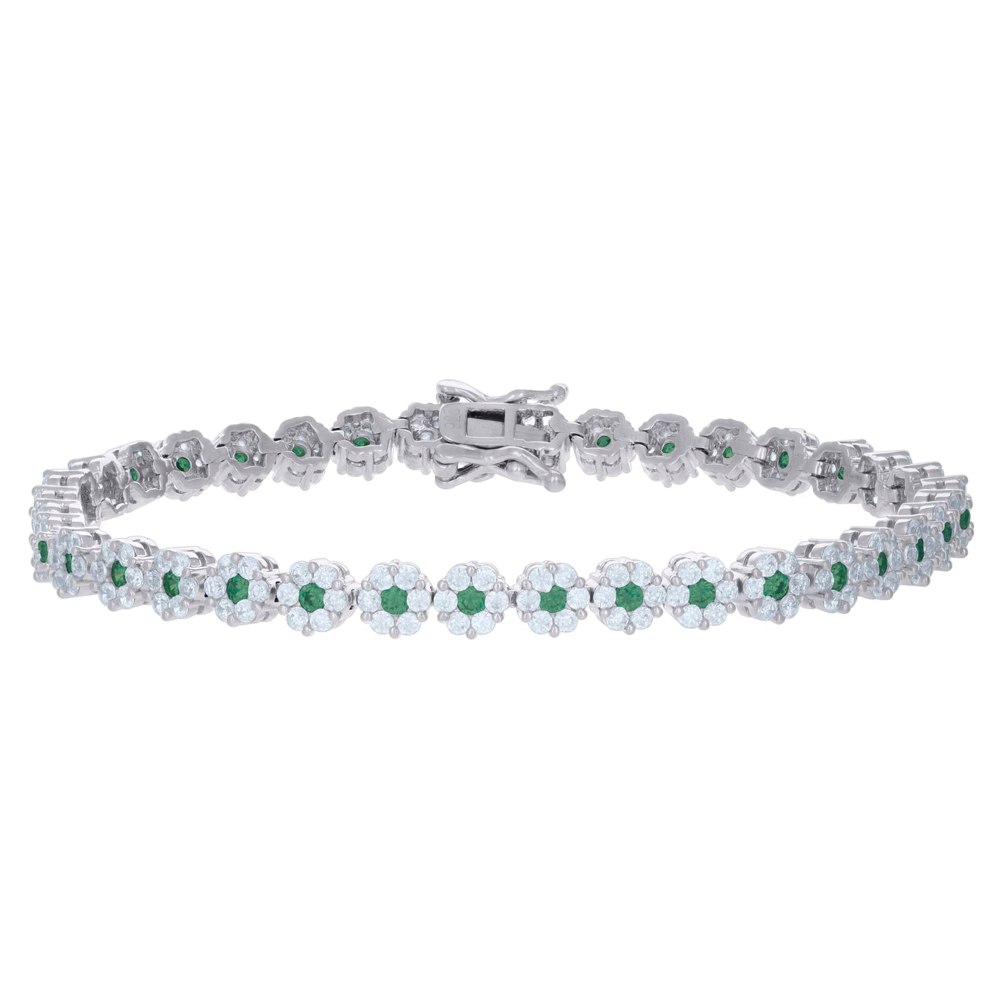 Sterling Silver Womens Cubic-Zirconia Flower Link Fashion Bracelet Size 7 Inches