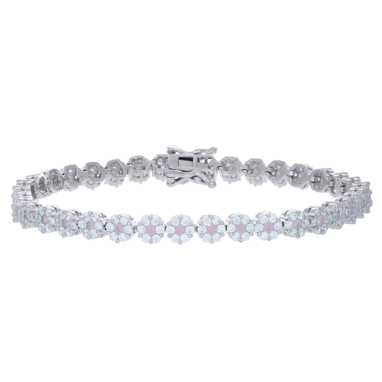 Sterling Silver Womens Cubic-Zirconia Flower Link Fashion Bracelet Size 7 Inches