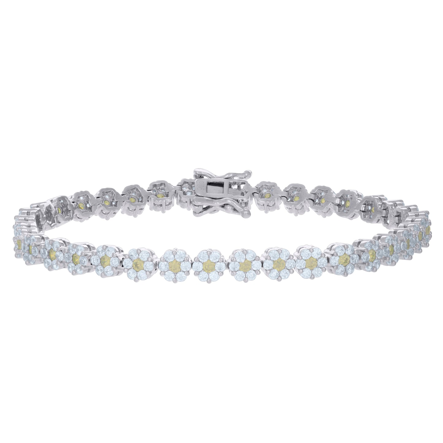 Sterling Silver Womens Cubic-Zirconia Flower Link Fashion Bracelet Size 7 Inches