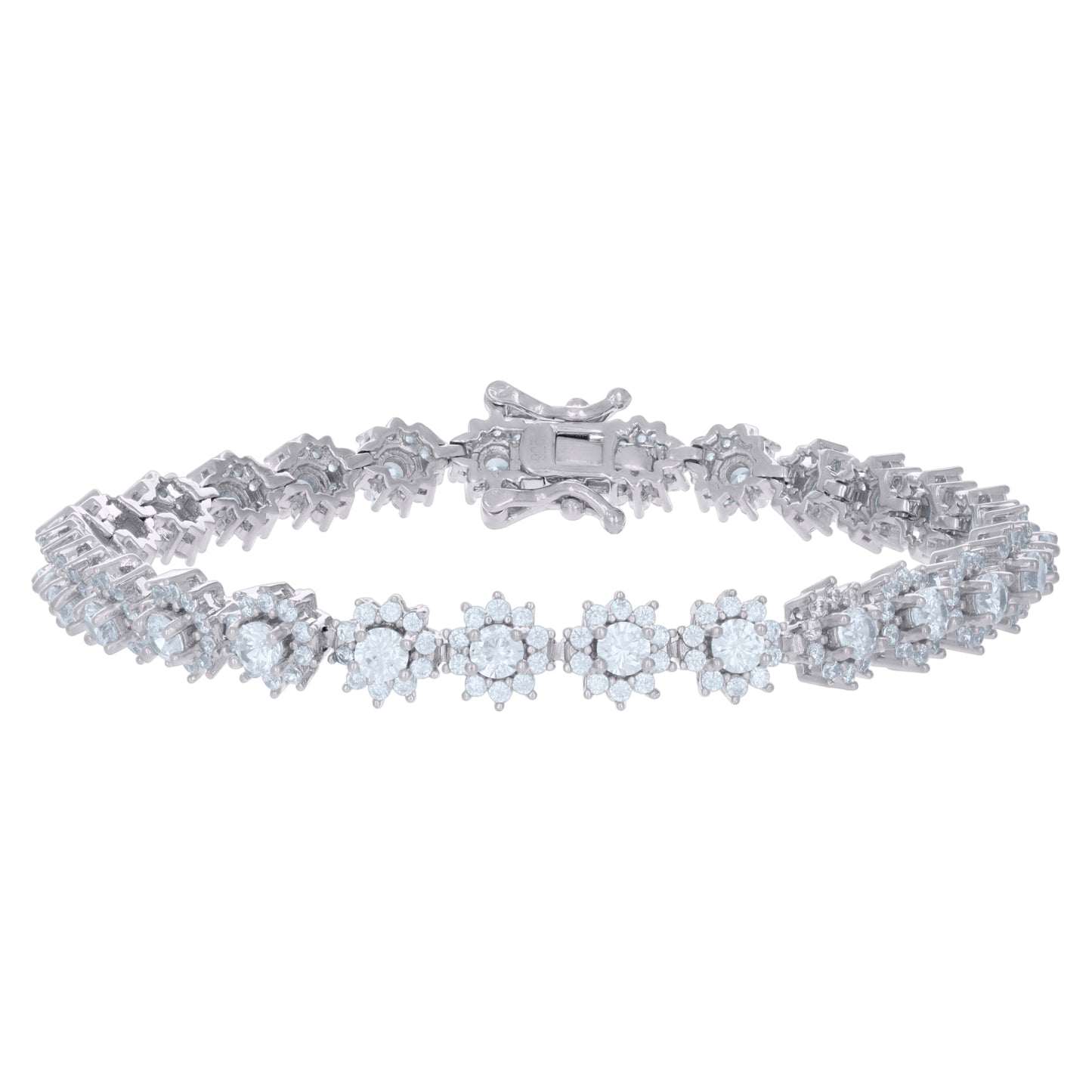 Sterling Silver Womens Cubic-Zirconia Flower Link Fashion Bracelet Size 7 Inches