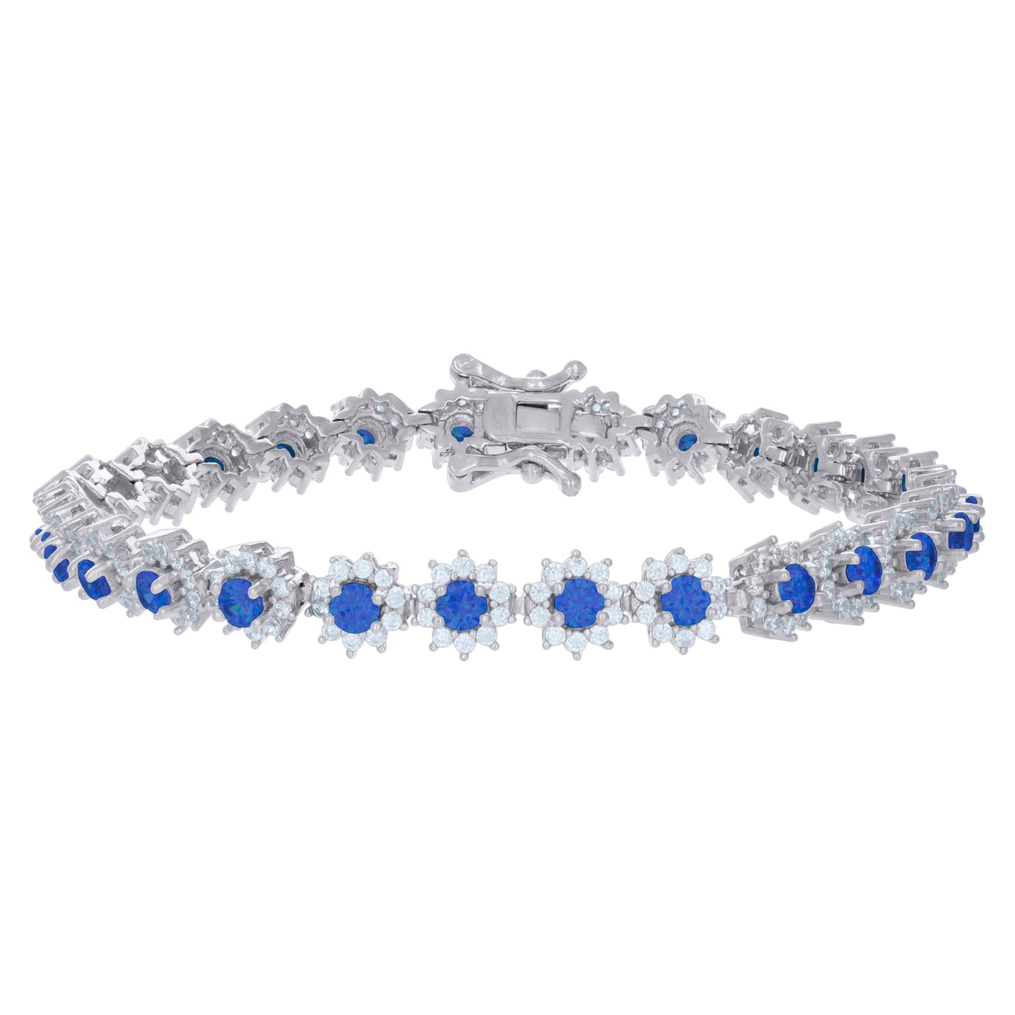 Sterling Silver Womens Cubic-Zirconia Flower Link Fashion Bracelet Size 7 Inches