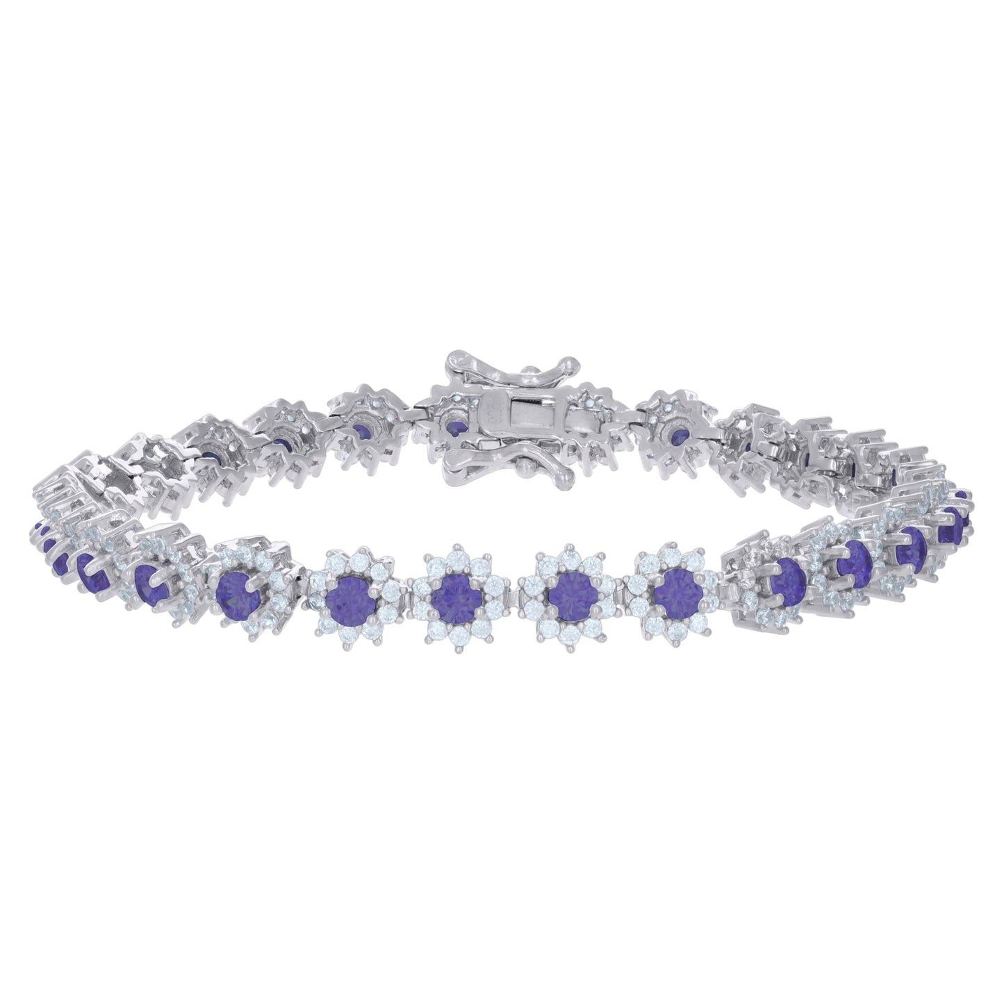 Sterling Silver Womens Cubic-Zirconia Flower Link Fashion Bracelet Size 7 Inches