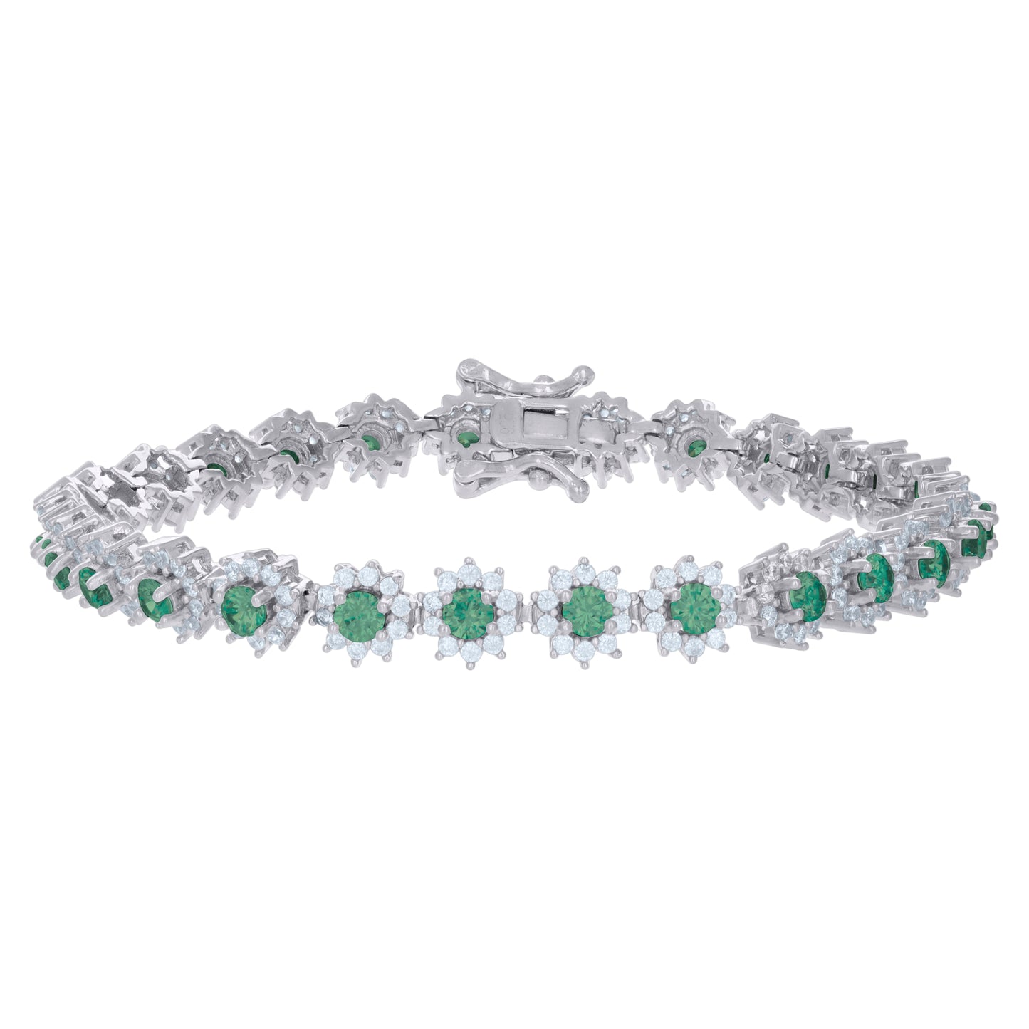 Sterling Silver Womens Cubic-Zirconia Flower Link Fashion Bracelet Size 7 Inches
