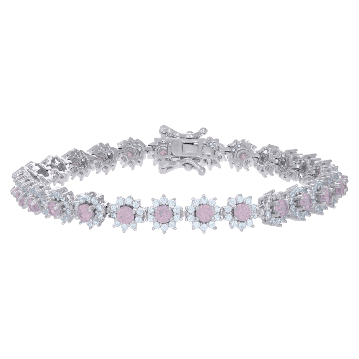 Sterling Silver Womens Cubic-Zirconia Flower Link Fashion Bracelet Size 7 Inches