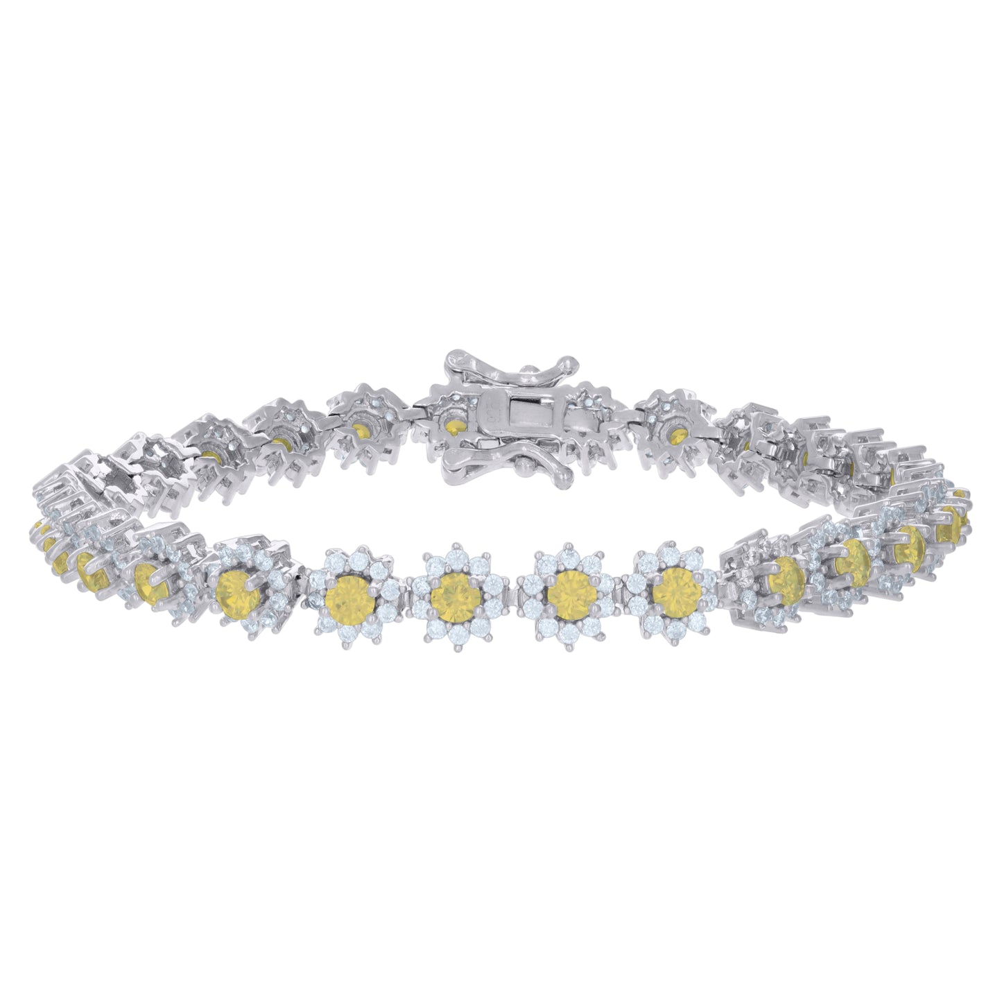 Sterling Silver Womens Cubic-Zirconia Flower Link Fashion Bracelet Size 7 Inches
