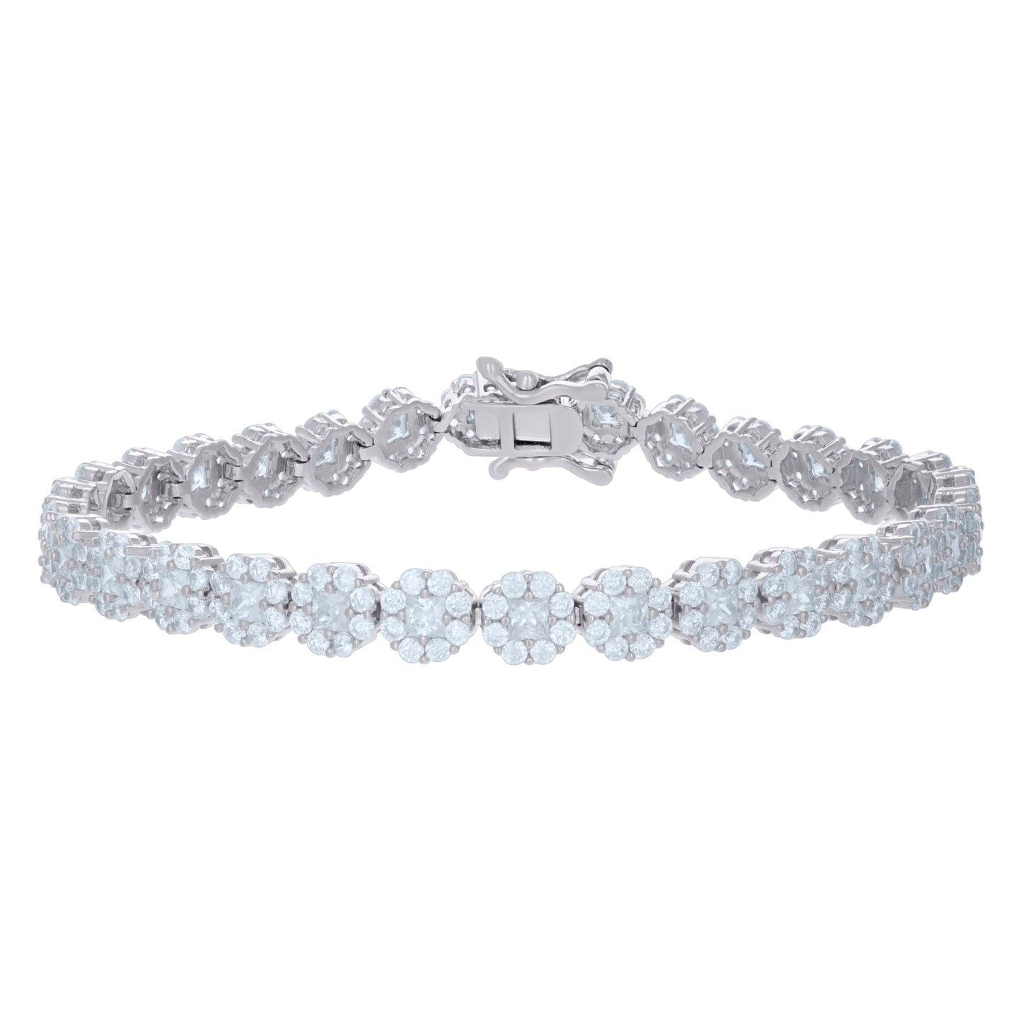 Sterling Silver Womens Cubic-Zirconia Flower Link Bracelet Size 7 Inches