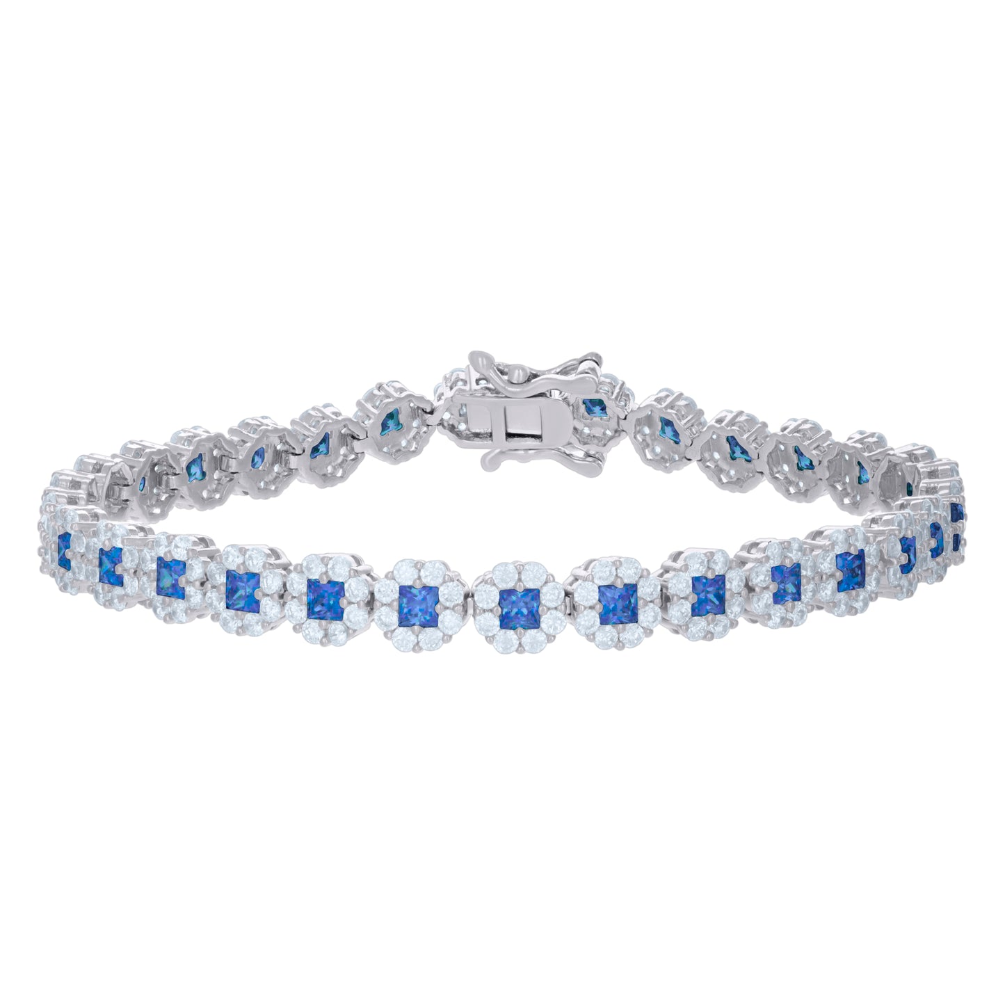 Sterling Silver Womens Cubic-Zirconia Flower Link Bracelet Size 7 Inches