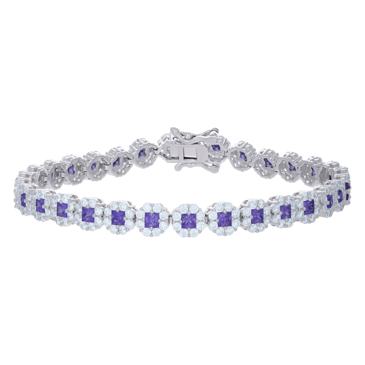 Sterling Silver Womens Cubic-Zirconia Flower Link Bracelet Size 7 Inches