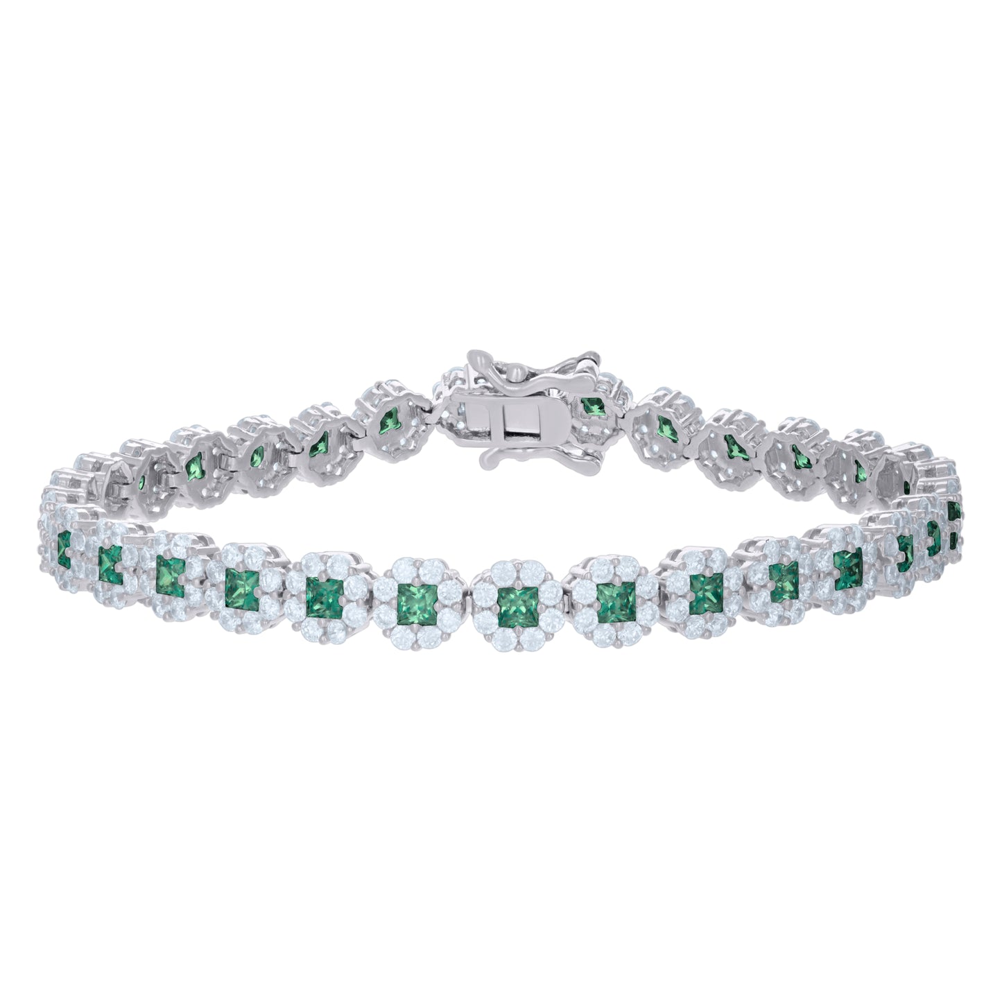 Sterling Silver Womens Cubic-Zirconia Flower Link Bracelet Size 7 Inches