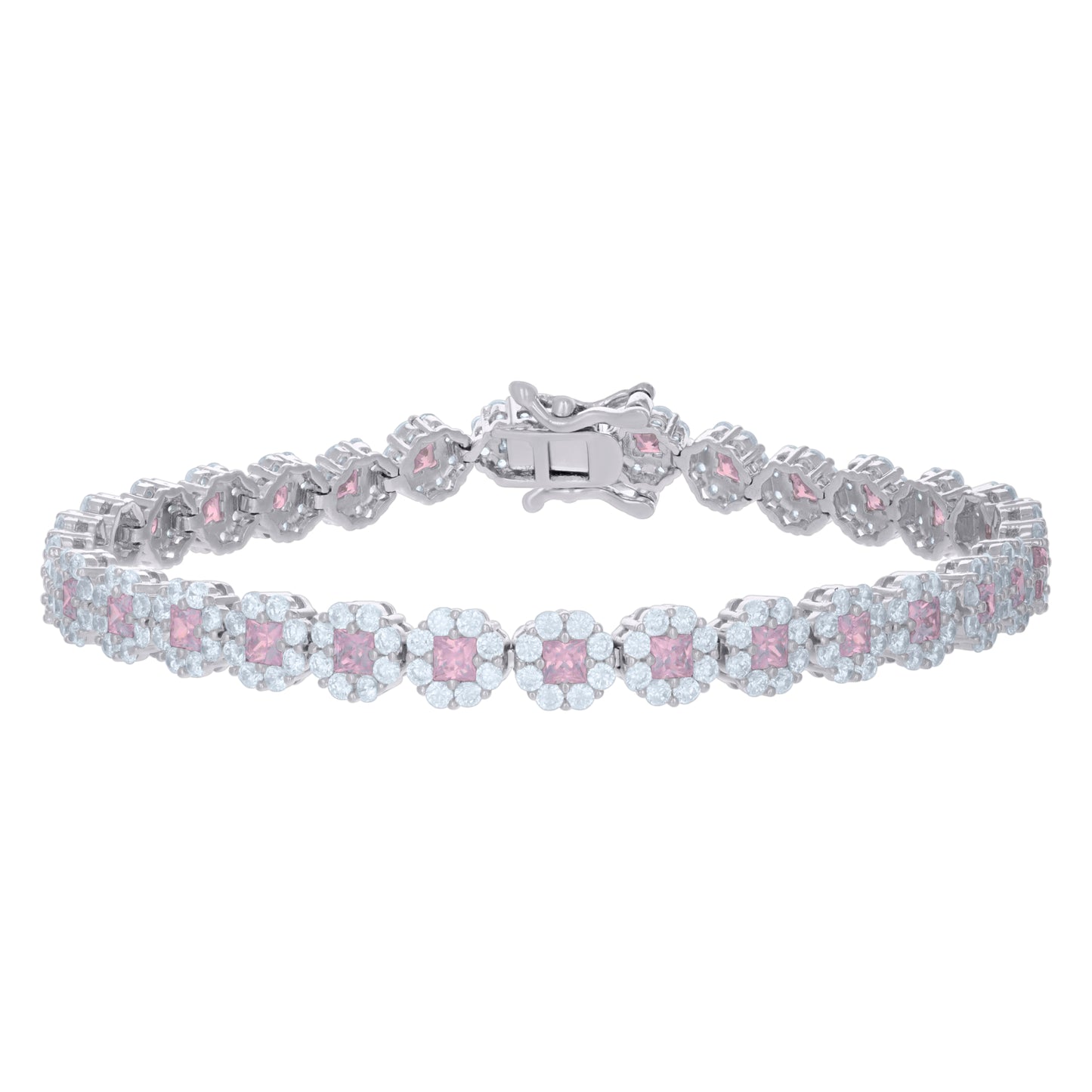 Sterling Silver Womens Cubic-Zirconia Flower Link Bracelet Size 7 Inches