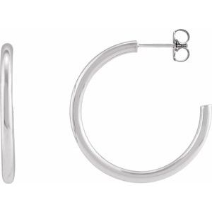 14K Yellow Or White Gold Or Sterling Silver Pair Friction Backs Included Polished Hollow Open Tube Hoop Earrings, Length 30 Mm, Thickness 2.5 Mm