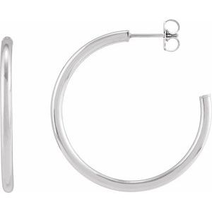 14K Yellow Or White Gold Or Sterling Silver Pair Friction Backs Included Polished Hollow Open Tube Hoop Earrings, Length 35 Mm, Thickness 2.5 Mm