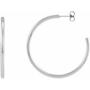 14K Yellow Or White Gold Or Sterling Silver Pair Friction Backs Included Polished Hollow Open Tube Hoop Earrings, Length 45 Mm, Thickness 2.5 Mm