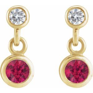 14K Yellow Gold Round 3Mm I1, G-H Natural Ruby And .05 Ctw Natural Diamond Two-Stone Bezel-set Friction Back Earrings