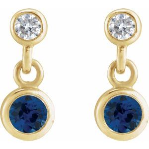 14K Yellow Gold Round 3Mm I1, G-H Lab-Grown Blue Sapphire And .05 Ctw Natural Diamond Two-Stone Bezel-set Friction Back Earrings