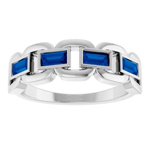 14K White Gold Straight Baguette 4 X 2 Mm Polished Lab-Grown Blue Sapphire Chain Link Ring Size 7