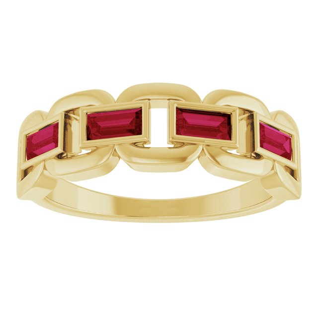 14K Yellow Gold Straight Baguette 4 X 2 Mm Polished Lab-Grown Ruby Chain Link Ring, Size 7
