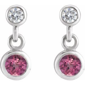 14K White Gold Round 3Mm I1, G-H Natural Pink Tourmaline And .05 Ctw Natural Diamond Two-Stone Bezel-set Friction Back Earrings