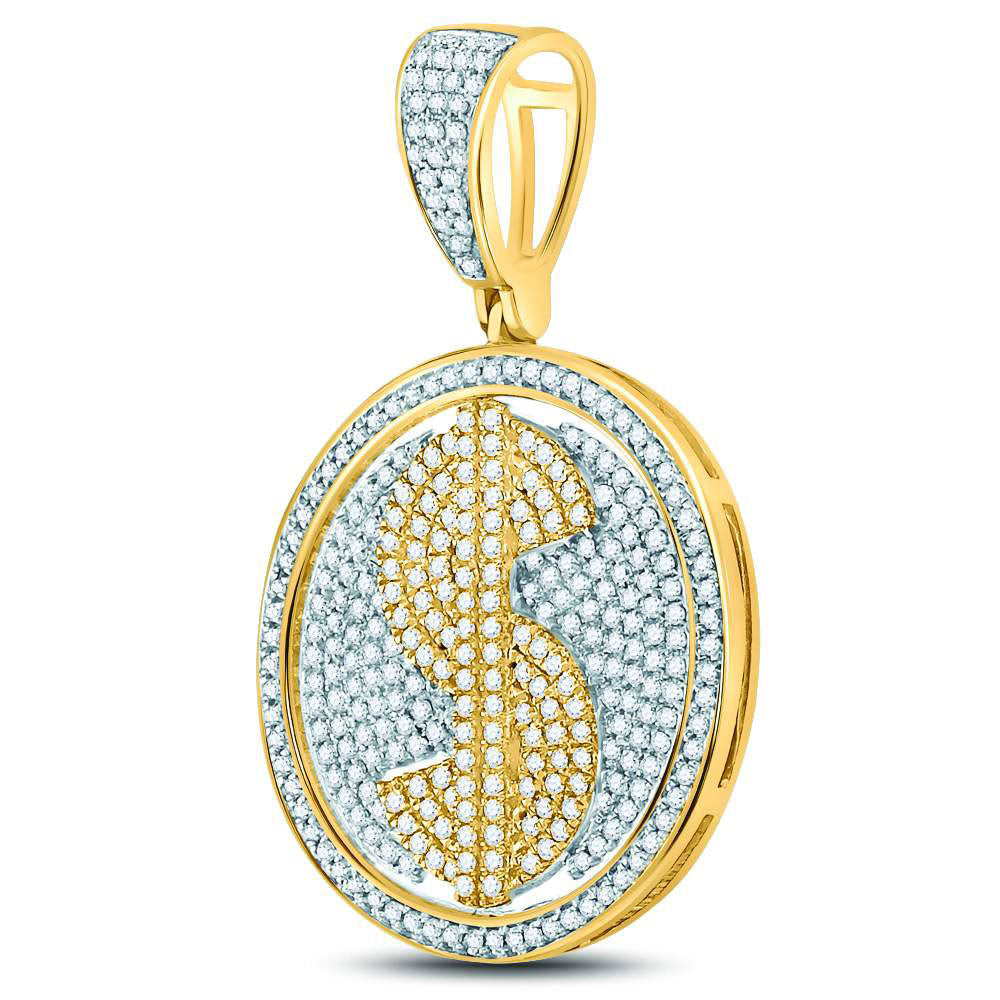 10K Yellow Gold Mens Round Diamond Dollar Sign Circle Charm Pendant 1 Cttw