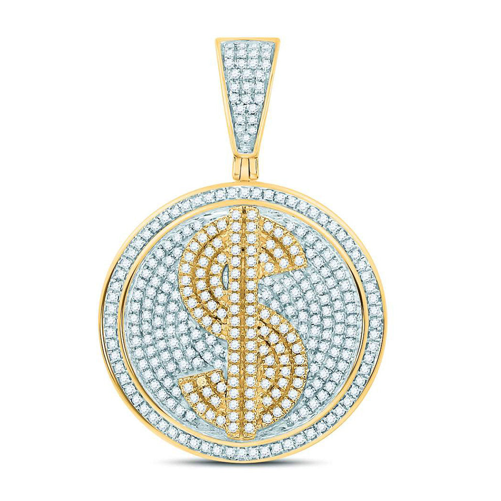 10K Yellow Gold Mens Round Diamond Dollar Sign Circle Charm Pendant 1 Cttw