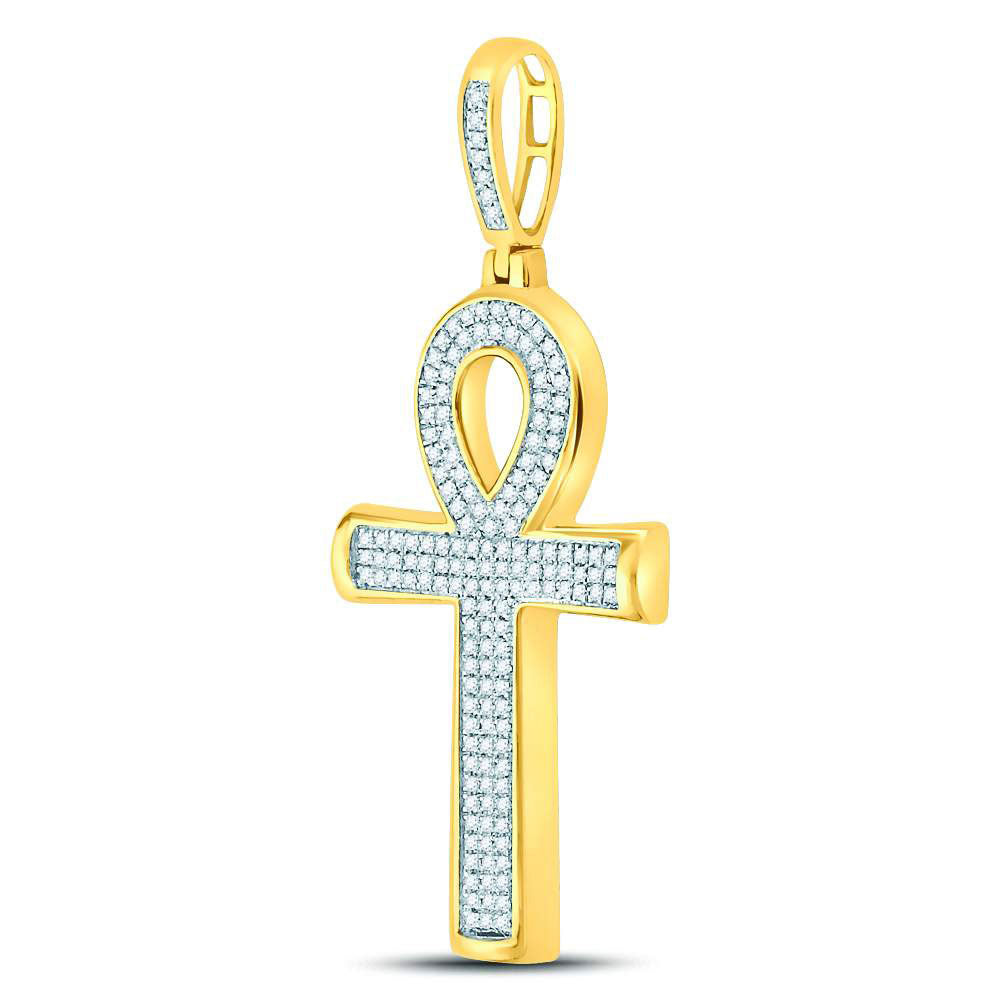 10K Yellow Gold Mens Round Diamond Ankh Cross Charm Pendant 1/3 Cttw, Length: 1.65 In, Width: 0.75 In