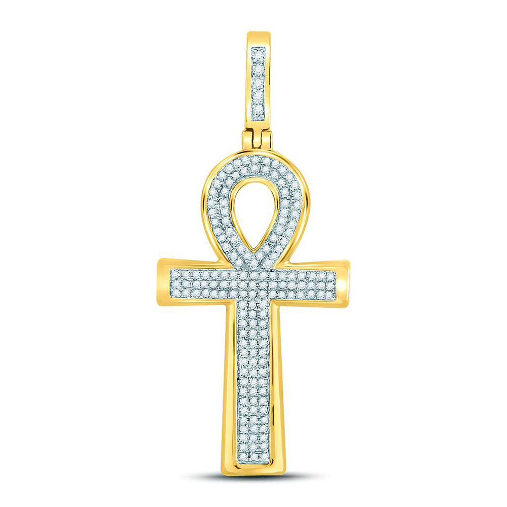 10K Yellow Gold Mens Round Diamond Ankh Cross Charm Pendant 1/3 Cttw, Length: 1.65 In, Width: 0.75 In