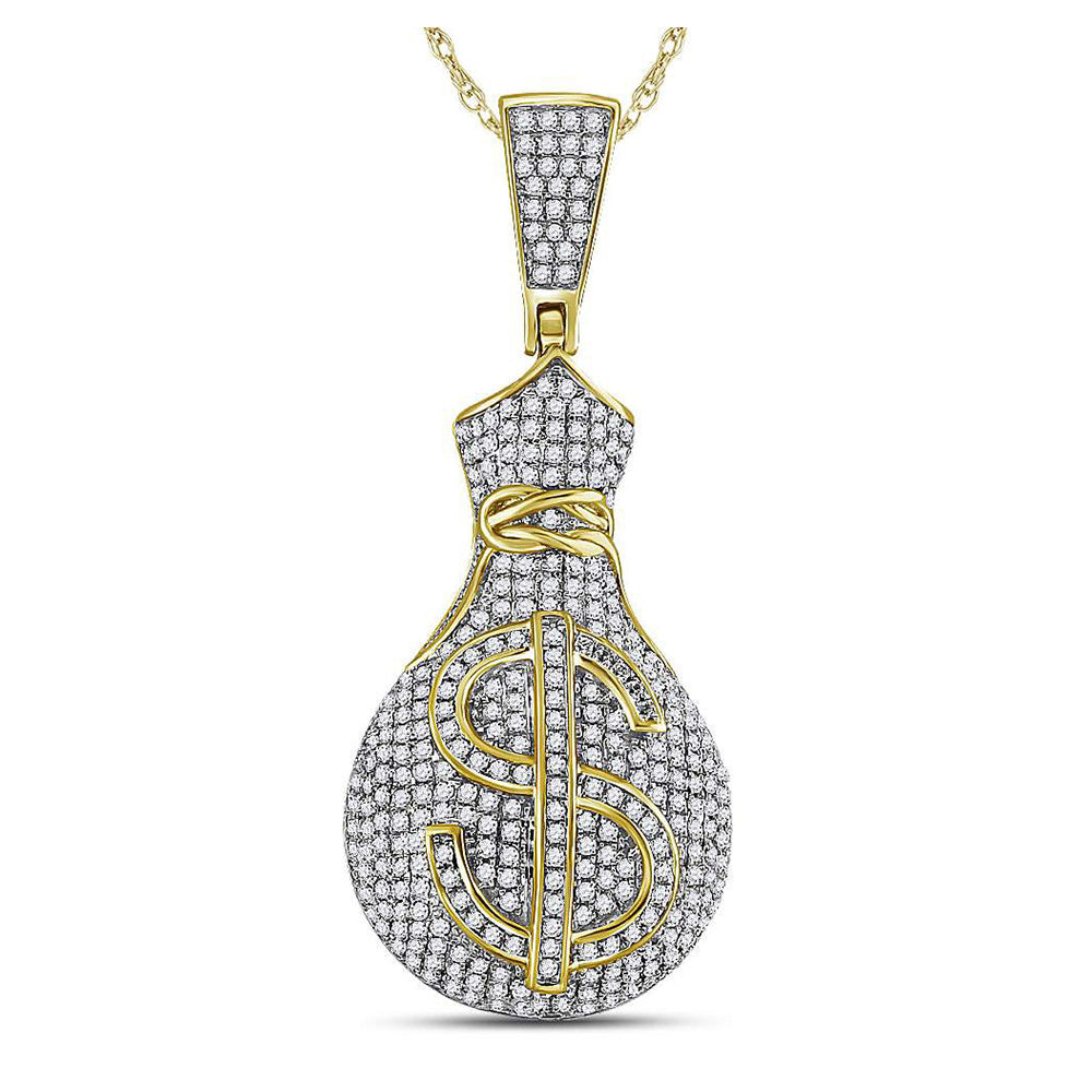 10K Yellow Gold Mens Round Diamond Money Bag Dollar Sign Charm Pendant 1 Cttw