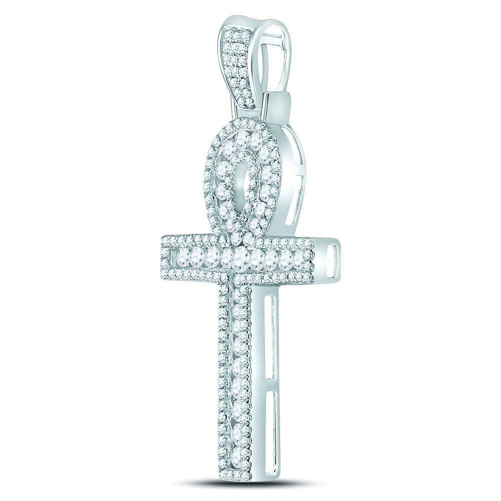 10K Yellow Or White Gold Mens Round Diamond Ankh Cross Charm Pendant 1 Cttw, Length: 1.62 In, Width: 0.81 In