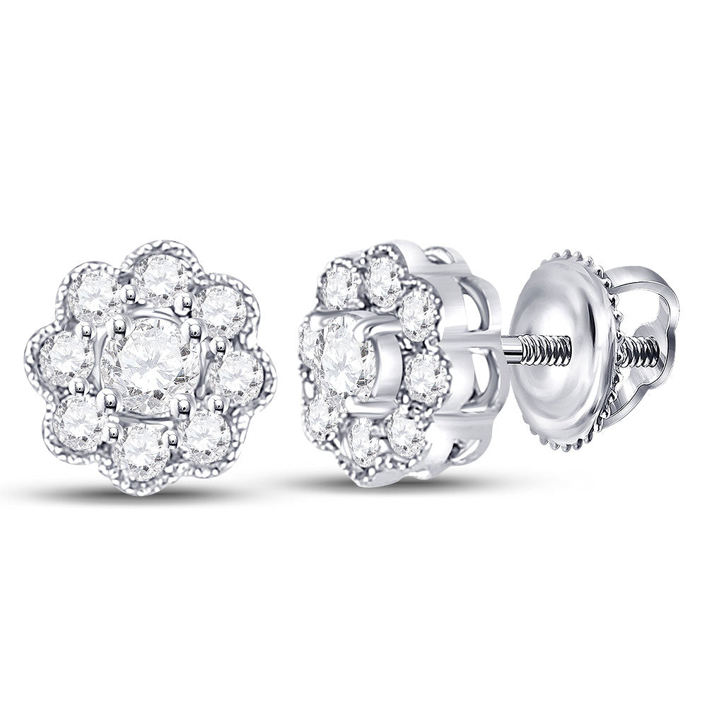 14K White Or Yellow Gold Womens Round Diamond Flower Cluster Earrings