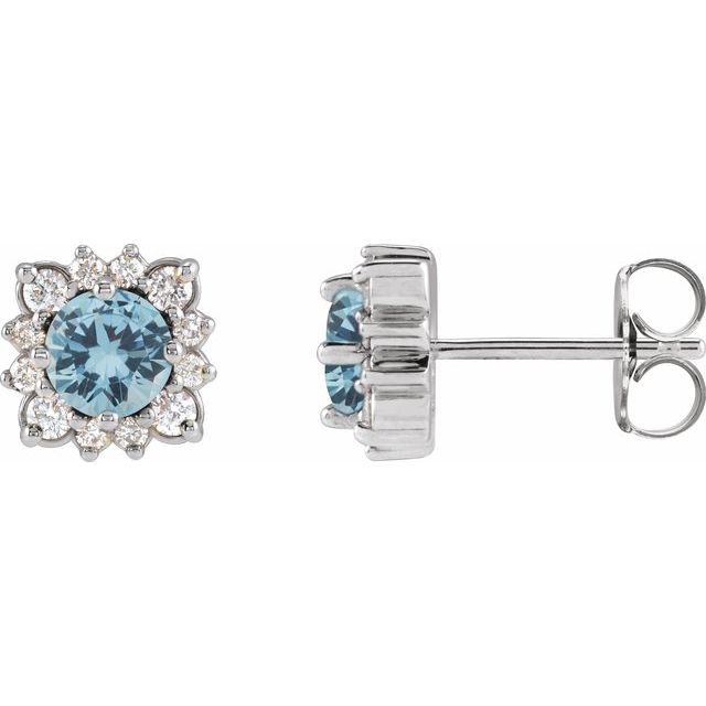 14K White Gold 3 Mm Round Friction Back Polished Natural Aquamarine And .08 Ctw Natural Diamond Halo-Style Earrings