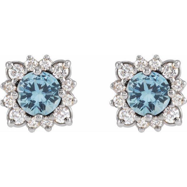 14K White Gold 3 Mm Round Friction Back Polished Natural Aquamarine And .08 Ctw Natural Diamond Halo-Style Earrings