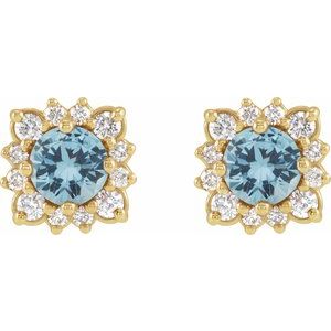 14K Yellow Gold Round 4 Mm Natural Aquamarine And 1/5 Ctw Natural Diamond Halo-Style Earrings