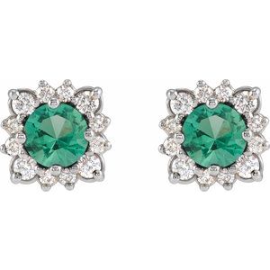 14K White Gold Round 5 Mm Lab-Grown Emerald And 1/2 Ctw Natural Diamond Halo-Style Earrings