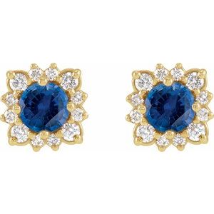 14K Yellow Gold Round 4 Mm Lab-Grown Blue Sapphire And 1/5 Ctw Natural Diamond Halo-Style Earrings