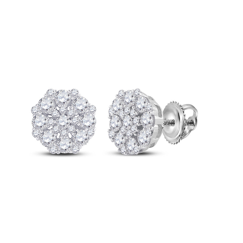 14K White Or Yellow Gold Womens Round Diamond Octagon Cluster Earrings