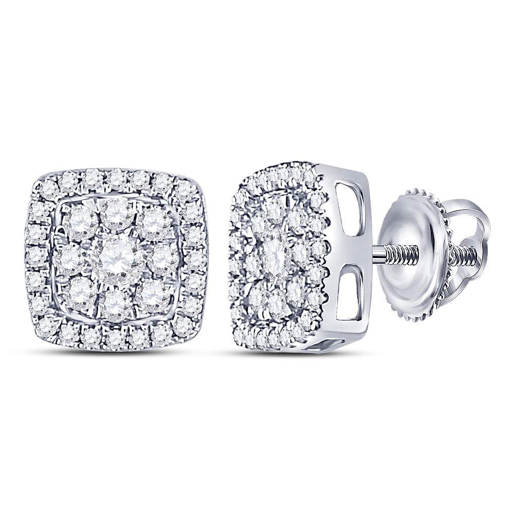 14K White Gold Womens Round Diamond Square Cluster Earrings 1/2 Cttw
