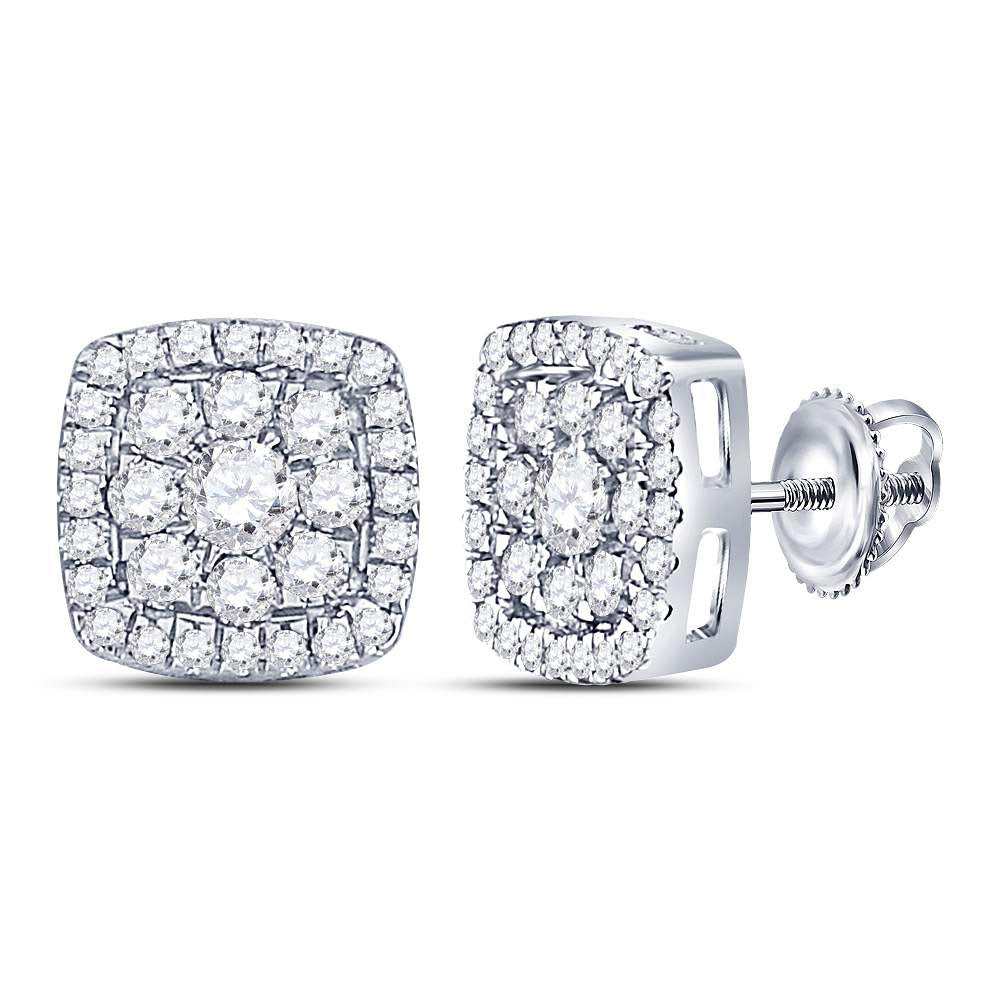 14K White Gold Womens Round Diamond Square Cluster Earrings 1-1/4 Cttw
