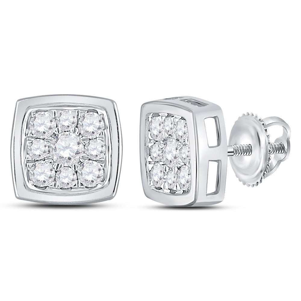 14K White Gold Womens Round Diamond Square Cluster Stud Earrings 1/2 Cttw